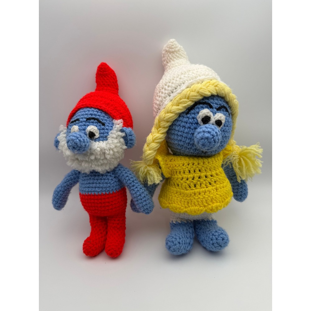 Vintage Handmade Smurf & Smurfette Crochet Plush Amigurumi Dolls Blue Red Yellow